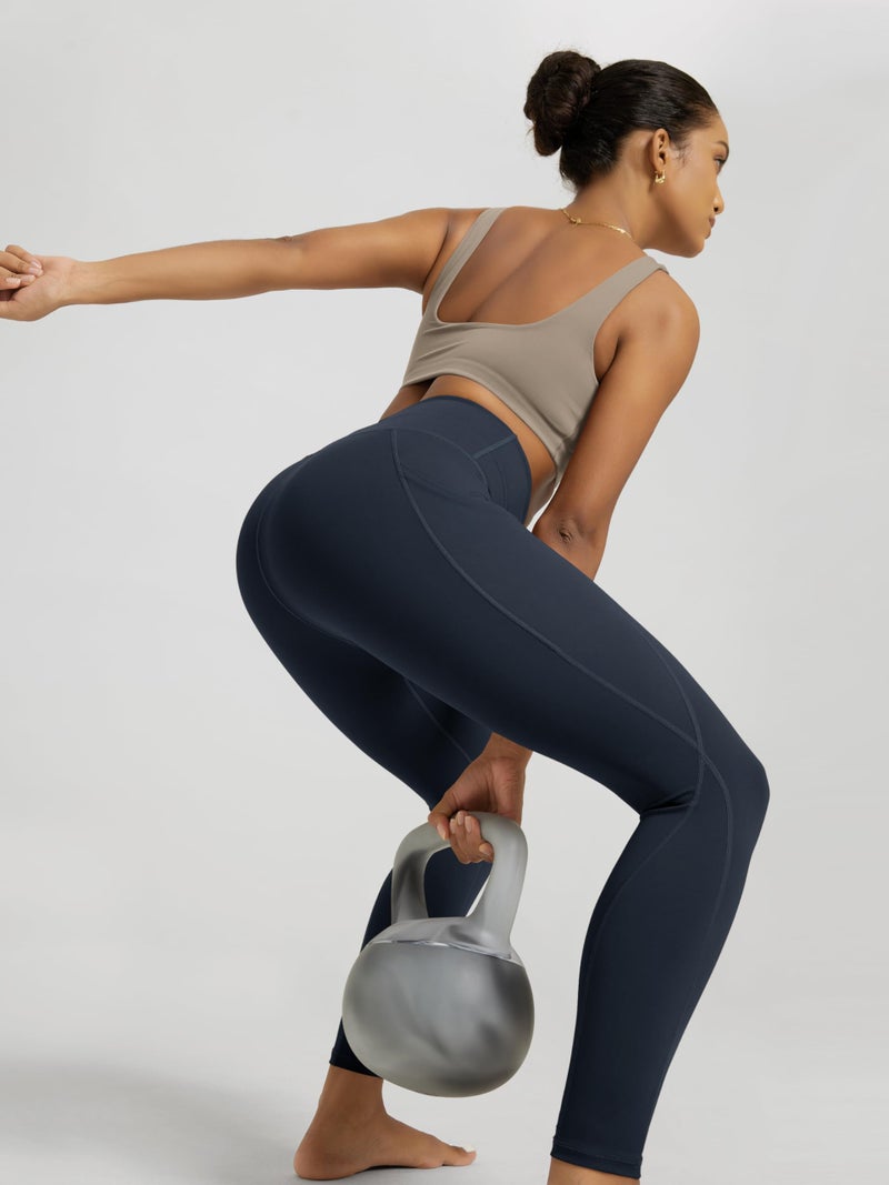 ODODOS Women's High Waisted Full Length Yoga Leggings with Pockets, 28" Inseam Tummy Control Non See Through Workout Athletic Running Yoga Pants, Deep Navy, X-Large - Image 4